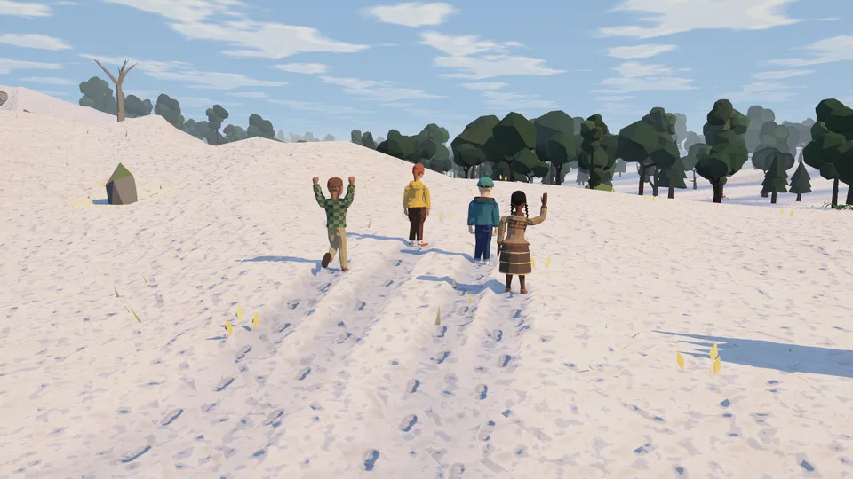 Four friends walk through fresh snow on a sunny morning